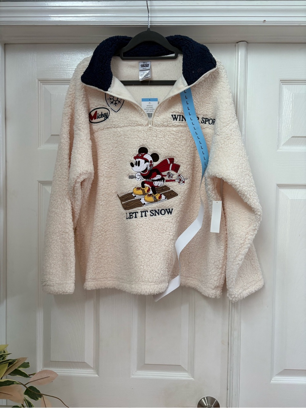 Disney Cream Sherpa Pullover with Navy Trim and Skiing Mickey